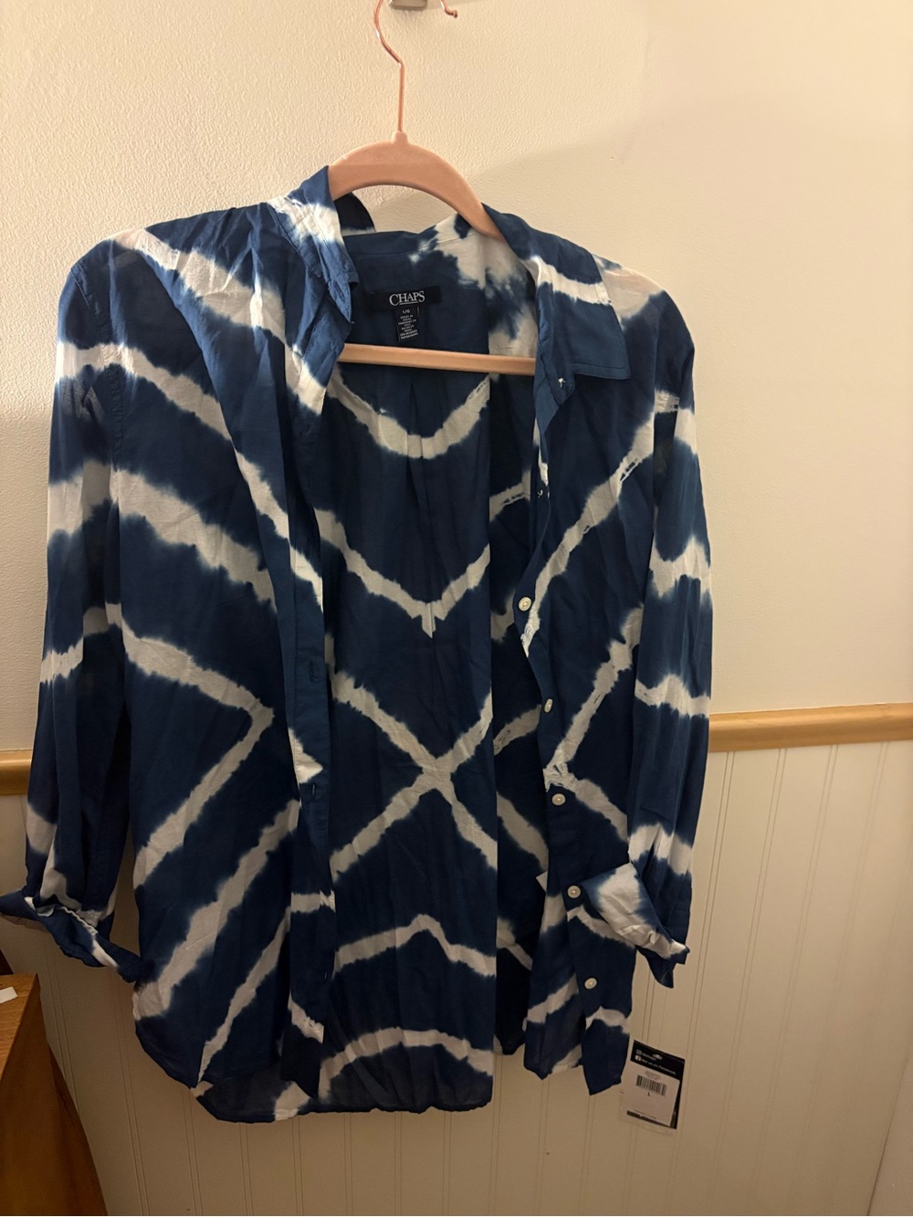 Chaps Women’s Navy White Tie-Dye Button-Down Shirt Size L NWT